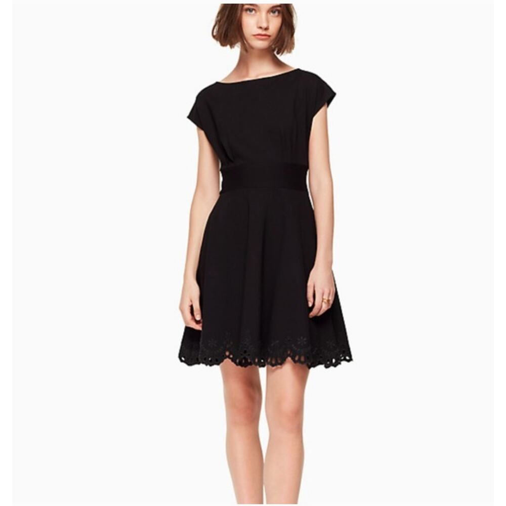 Kate Spade | Black Fiorella Cap Sleeve Eyelet Lace Trim Ponte Dress | Medium